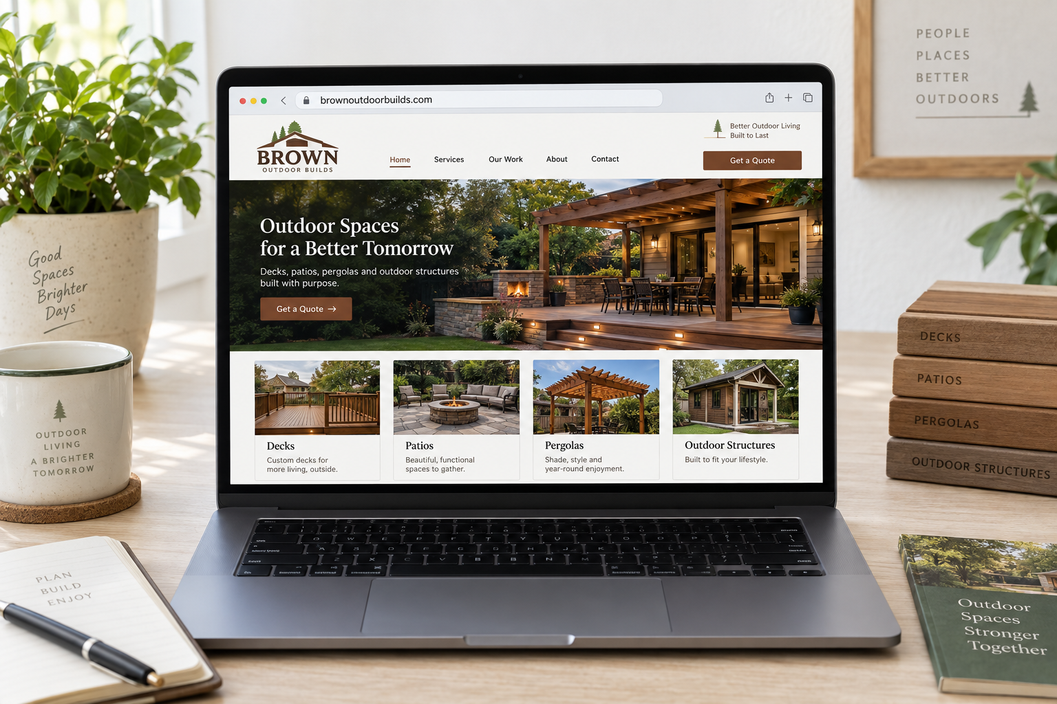 Laptop screen showing a Brown Outdoor Builds website mockup